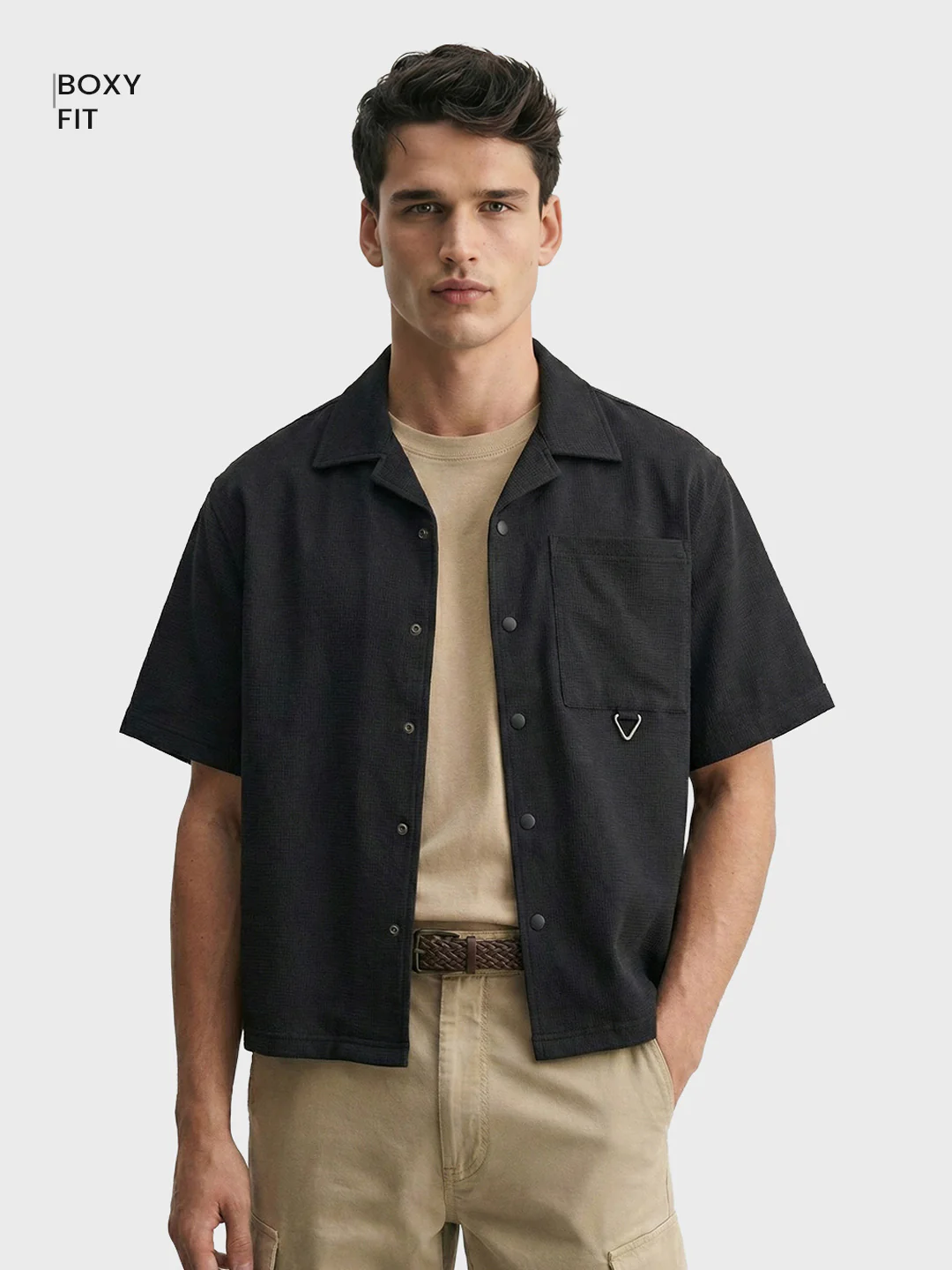 Men's Black Boxy Fit Textured Utility Shirt - Image 2