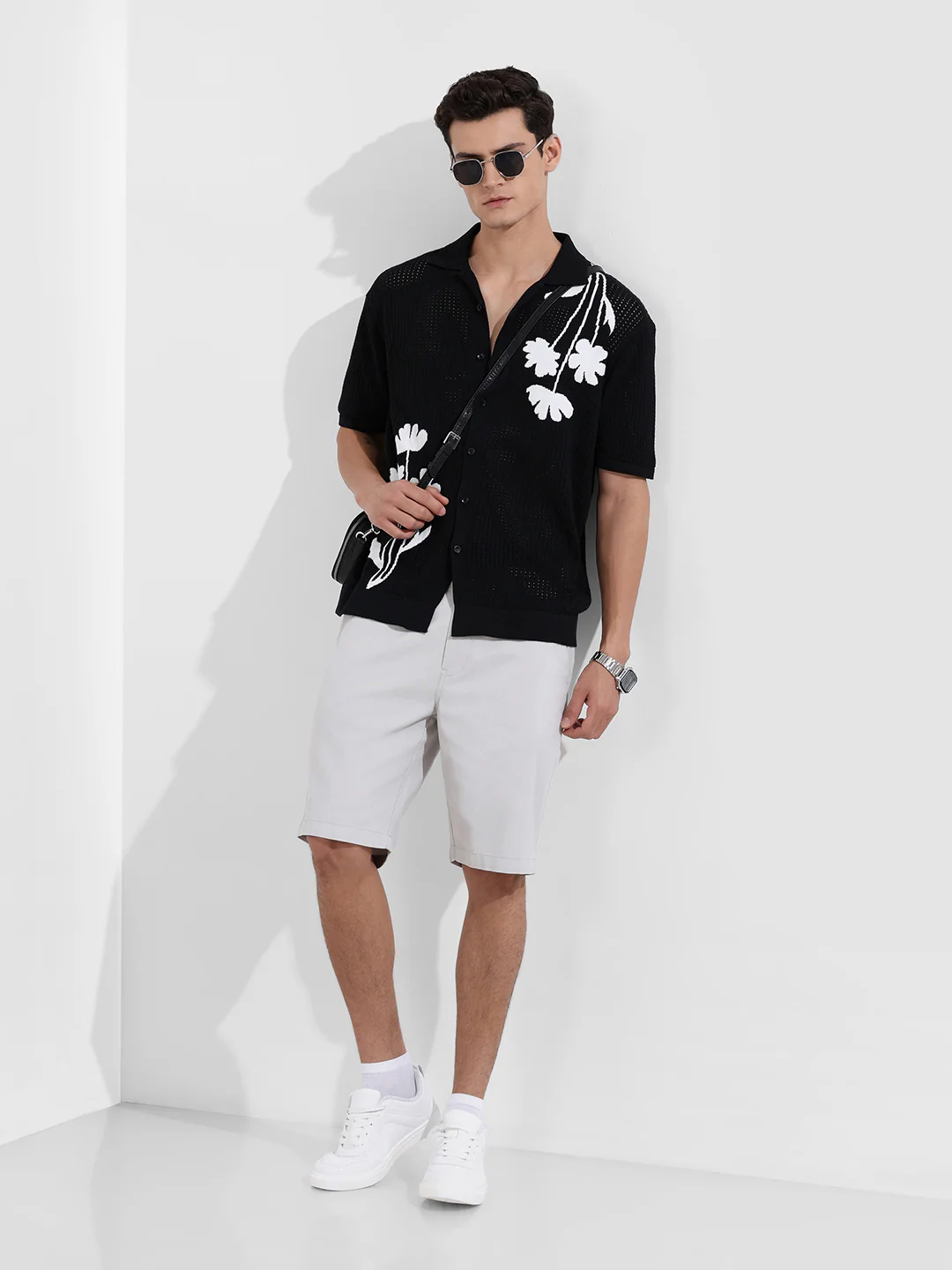 Men's Black Oversized Fit Flat Knit Textured Shirt - Image 3