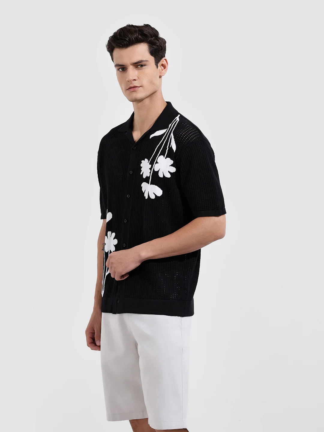 Men's Black Oversized Fit Flat Knit Textured Shirt - Image 4