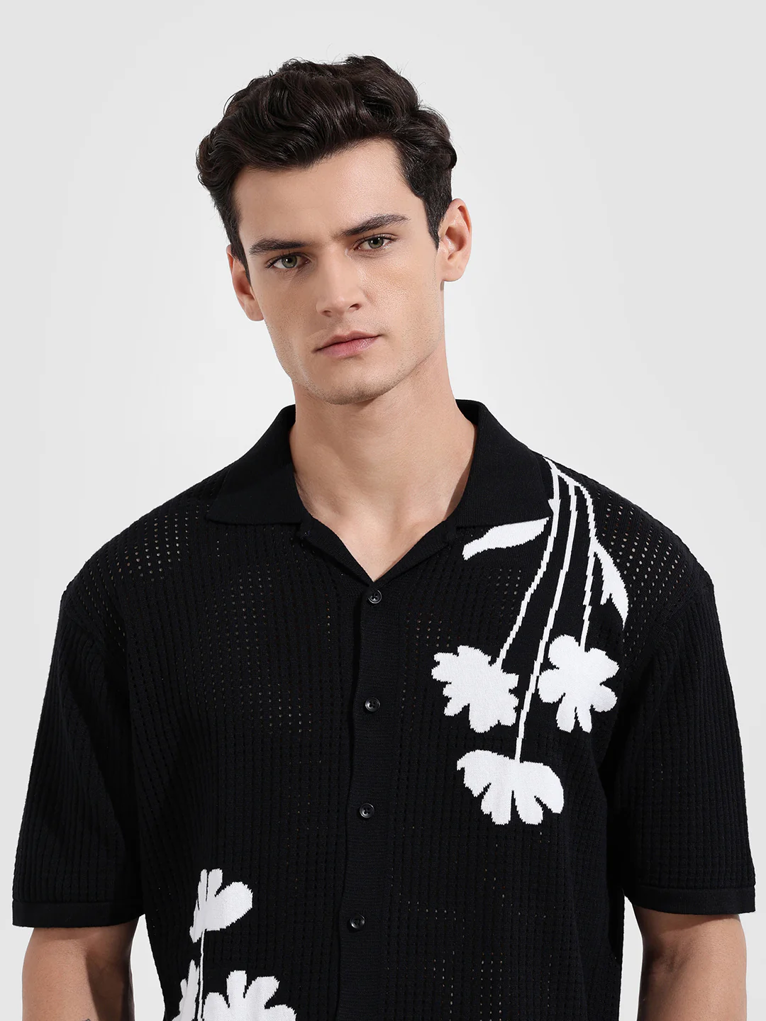 Men's Black Oversized Fit Flat Knit Textured Shirt - Image 5
