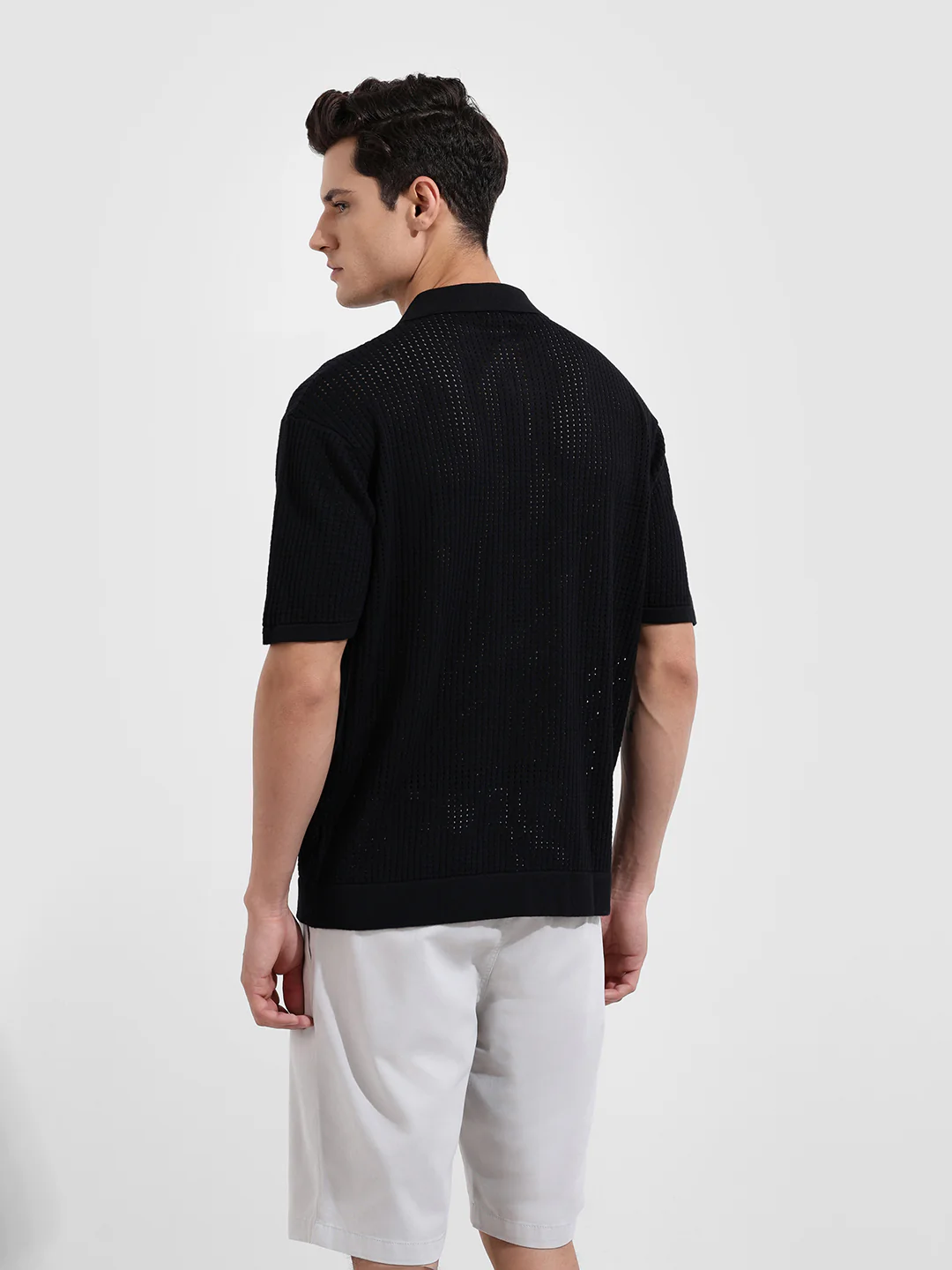 Men's Black Oversized Fit Flat Knit Textured Shirt - Image 6