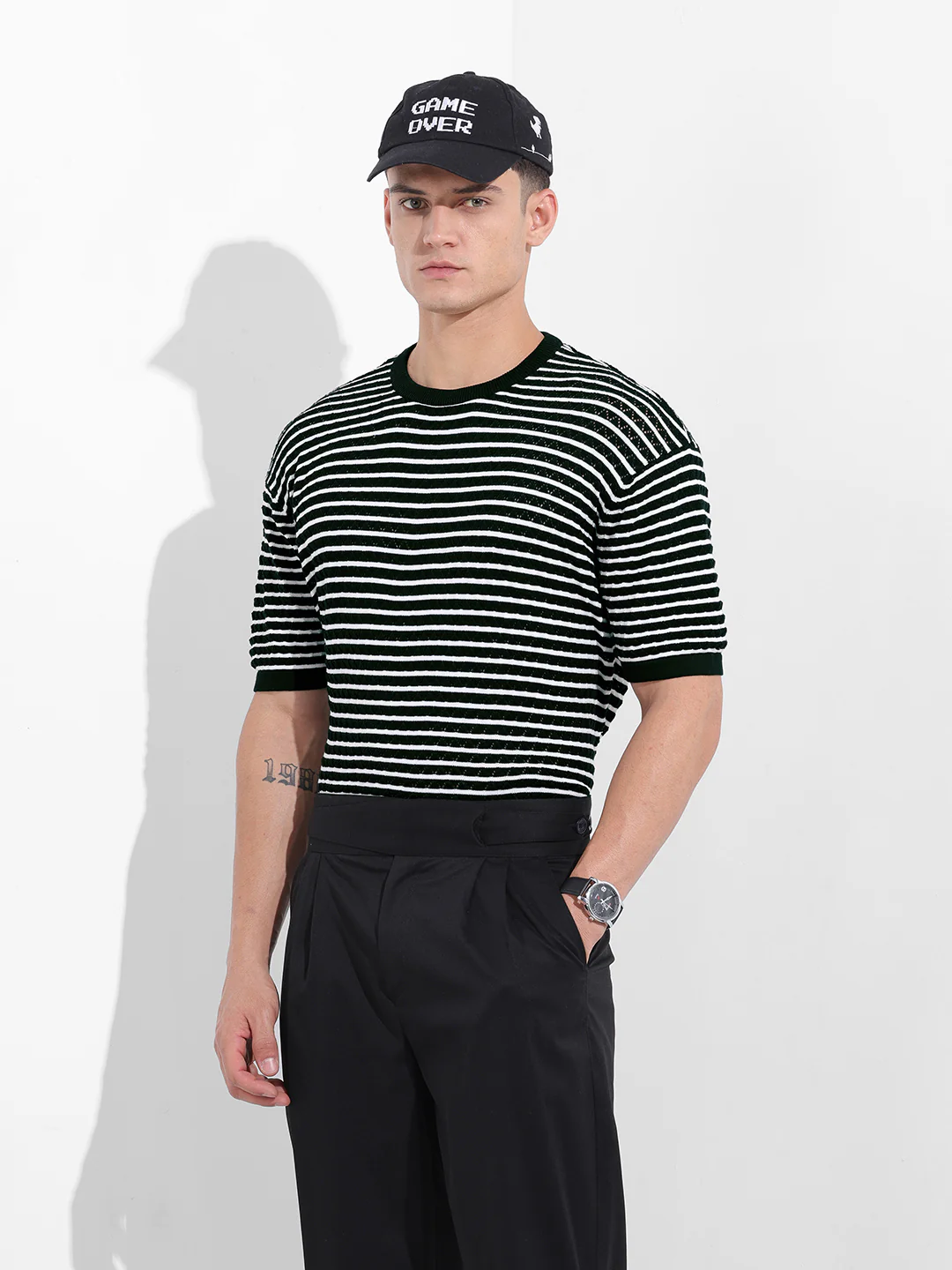 Men's Black Oversized Fit Textured Flat Knit T-Shirt - Image 2