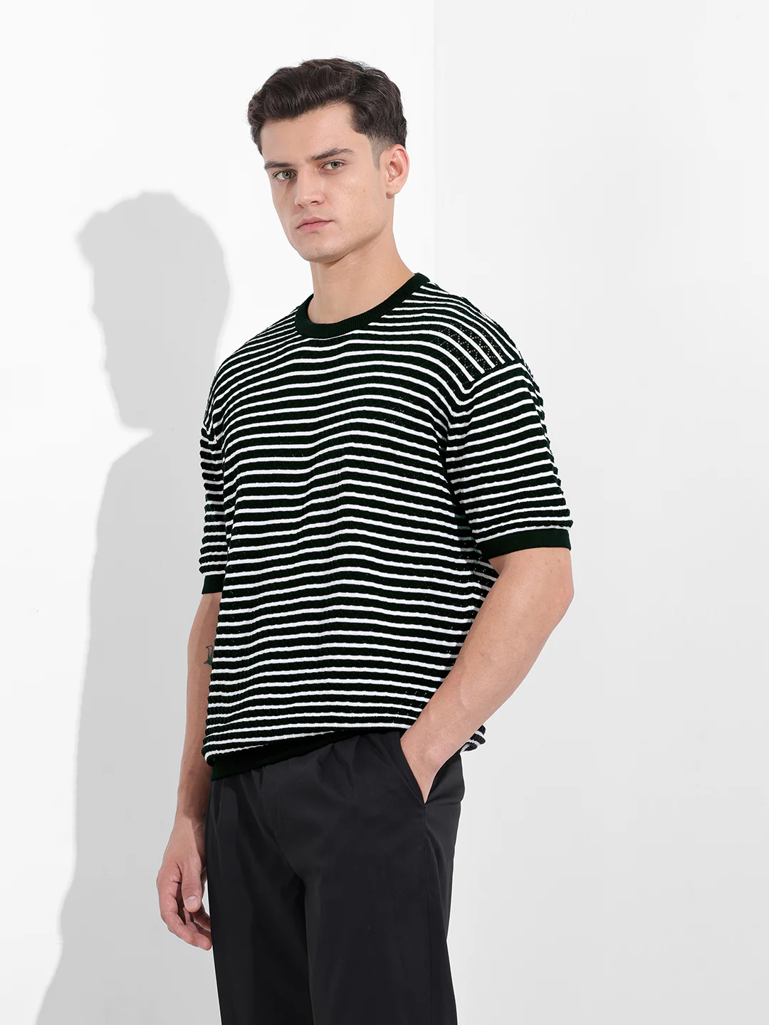 Men's Black Oversized Fit Textured Flat Knit T-Shirt - Image 3