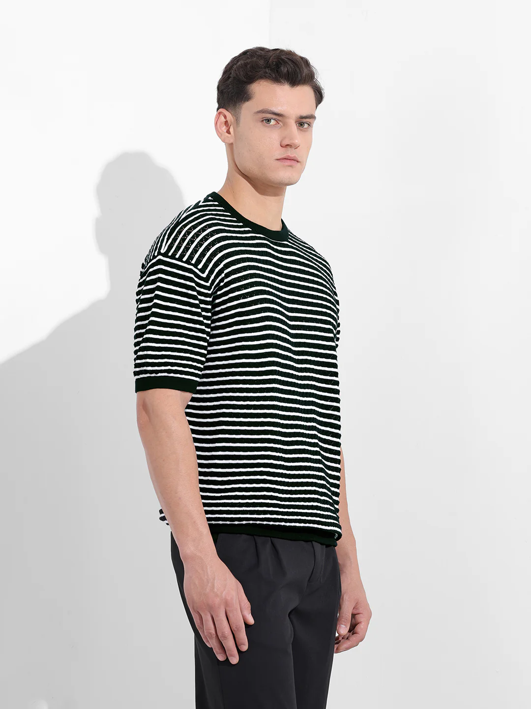 Men's Black Oversized Fit Textured Flat Knit T-Shirt - Image 4