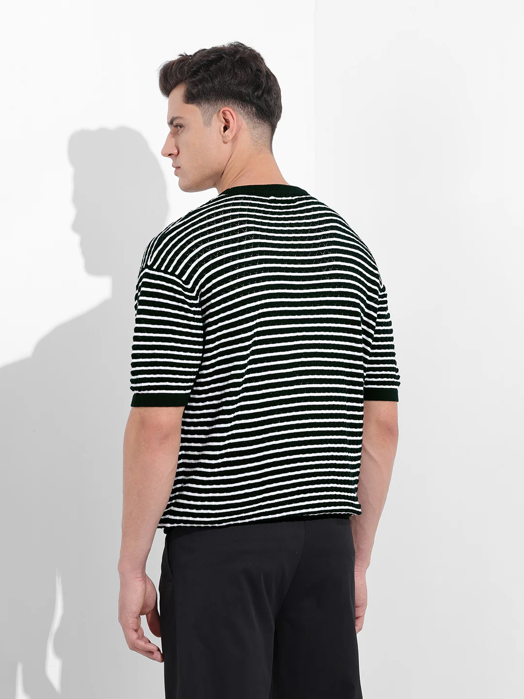 Men's Black Oversized Fit Textured Flat Knit T-Shirt - Image 5