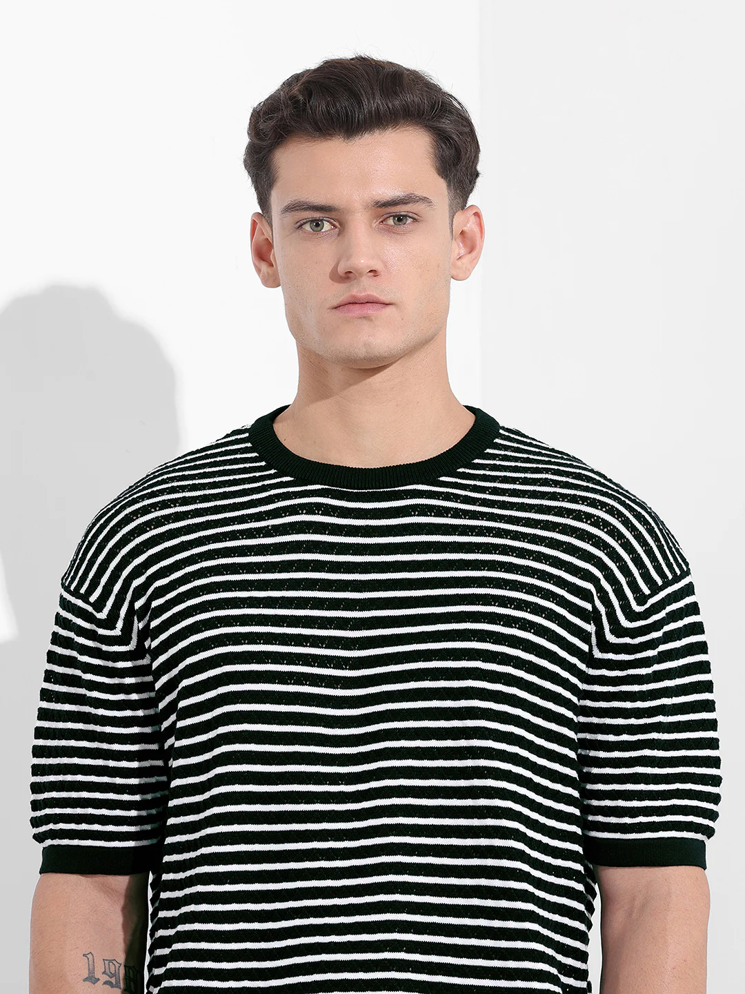 Men's Black Oversized Fit Textured Flat Knit T-Shirt - Image 6