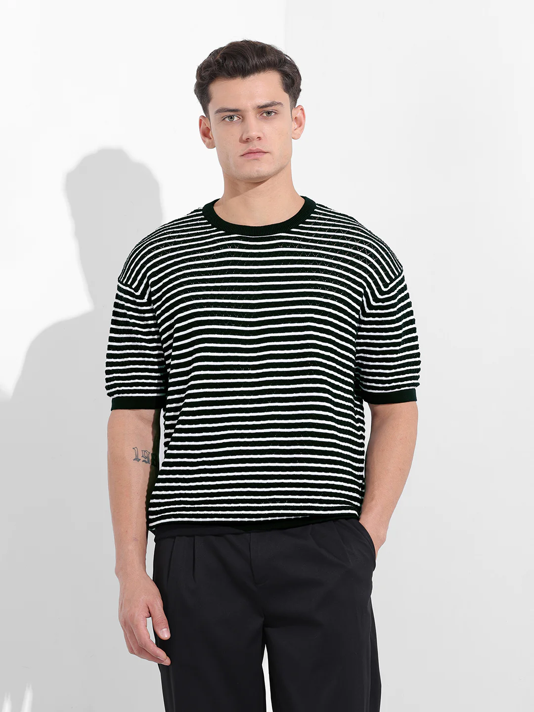 Men's Black Oversized Fit Textured Flat Knit T-Shirt - Image 8