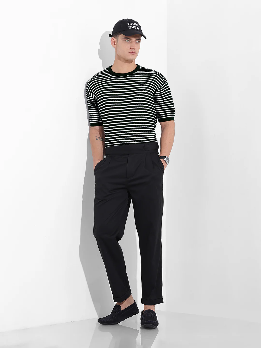 Men's Black Oversized Fit Textured Flat Knit T-Shirt - Image 9
