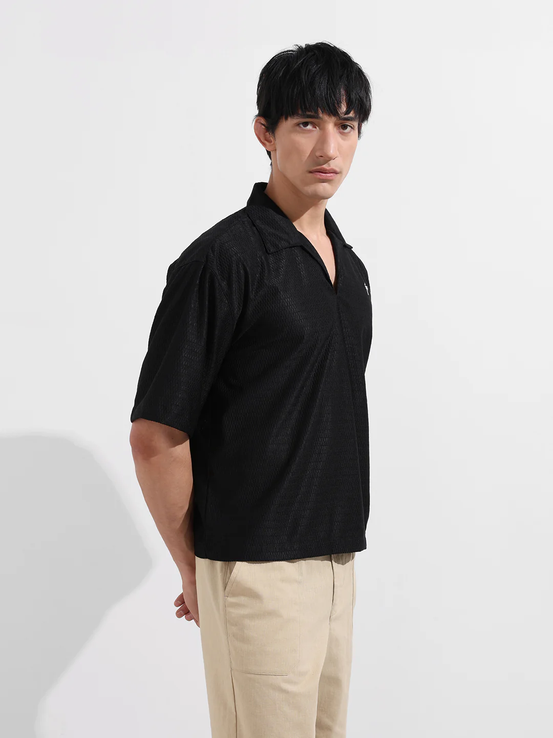 Men's Black Oversized Fit Resort Wear Textured Shirt - Image 3