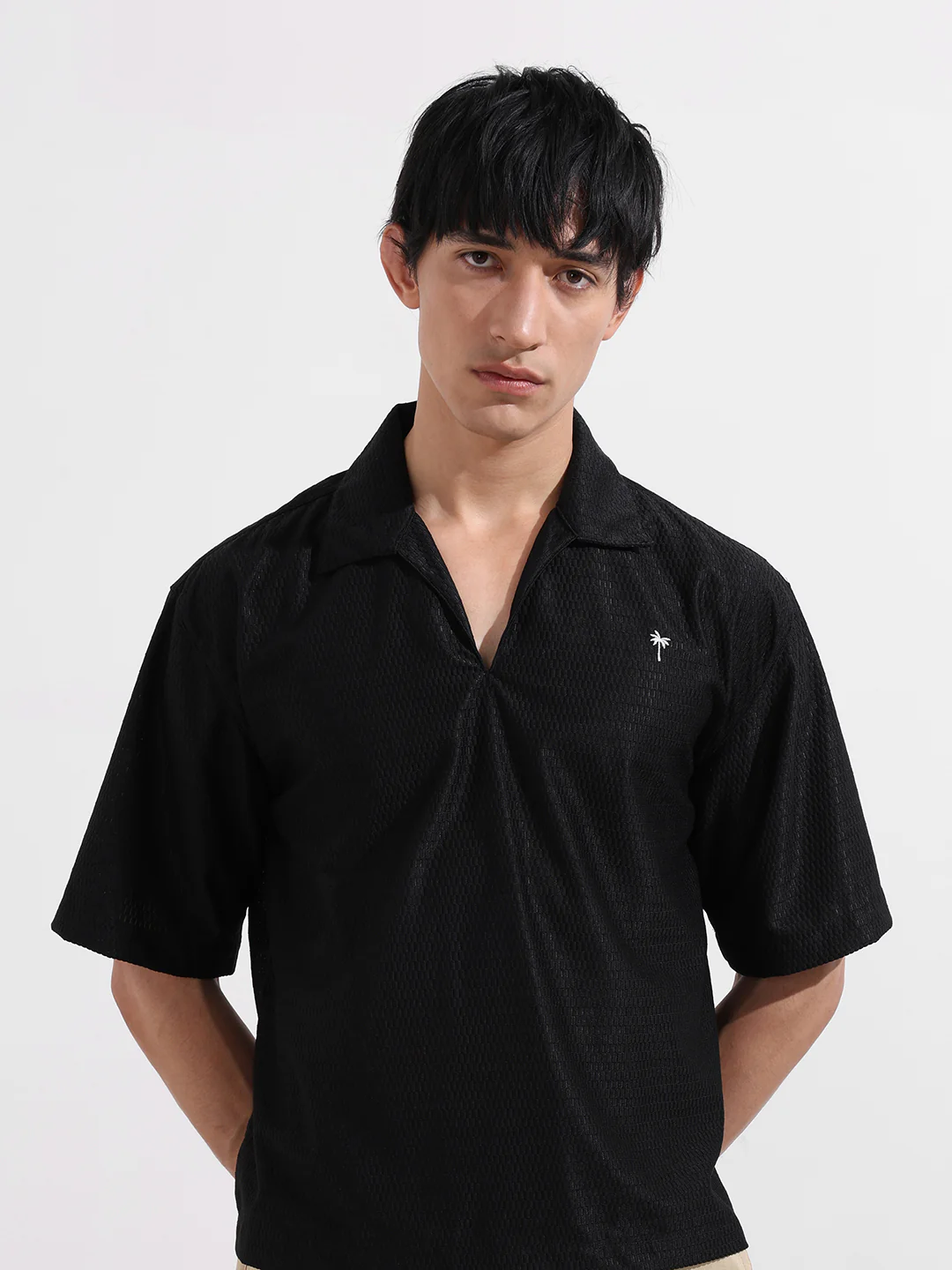 Men's Black Oversized Fit Resort Wear Textured Shirt - Image 4