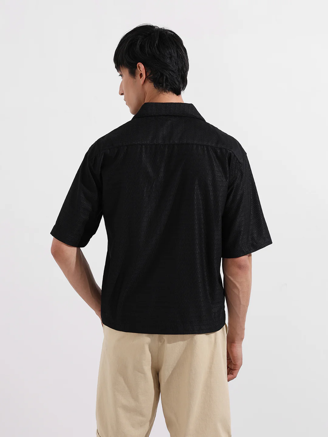Men's Black Oversized Fit Resort Wear Textured Shirt - Image 5