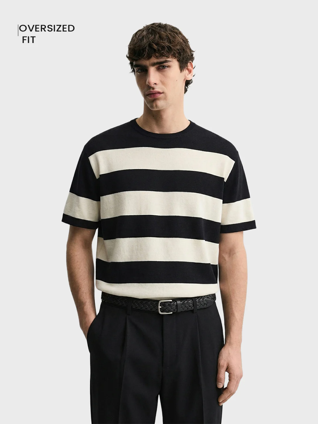 Men's Black Oversized Fit Striped Casual T-Shirt - Image 2