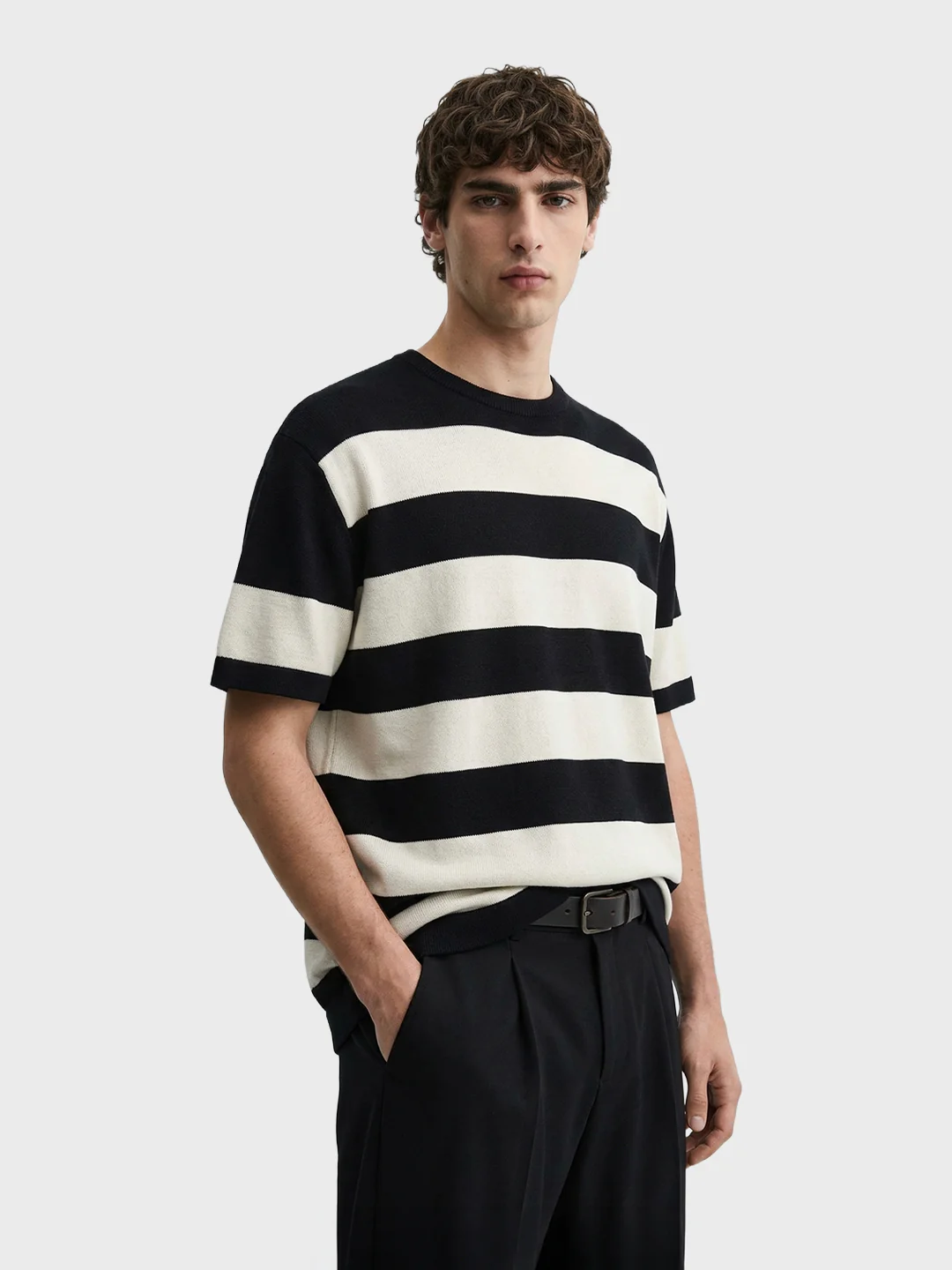 Men's Black Oversized Fit Striped Casual T-Shirt - Image 3