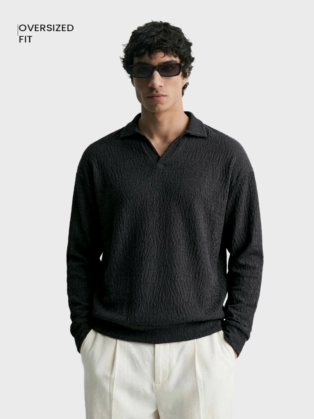 Men's Black Oversized Fit Textured Casual T-Shirts - Image 2