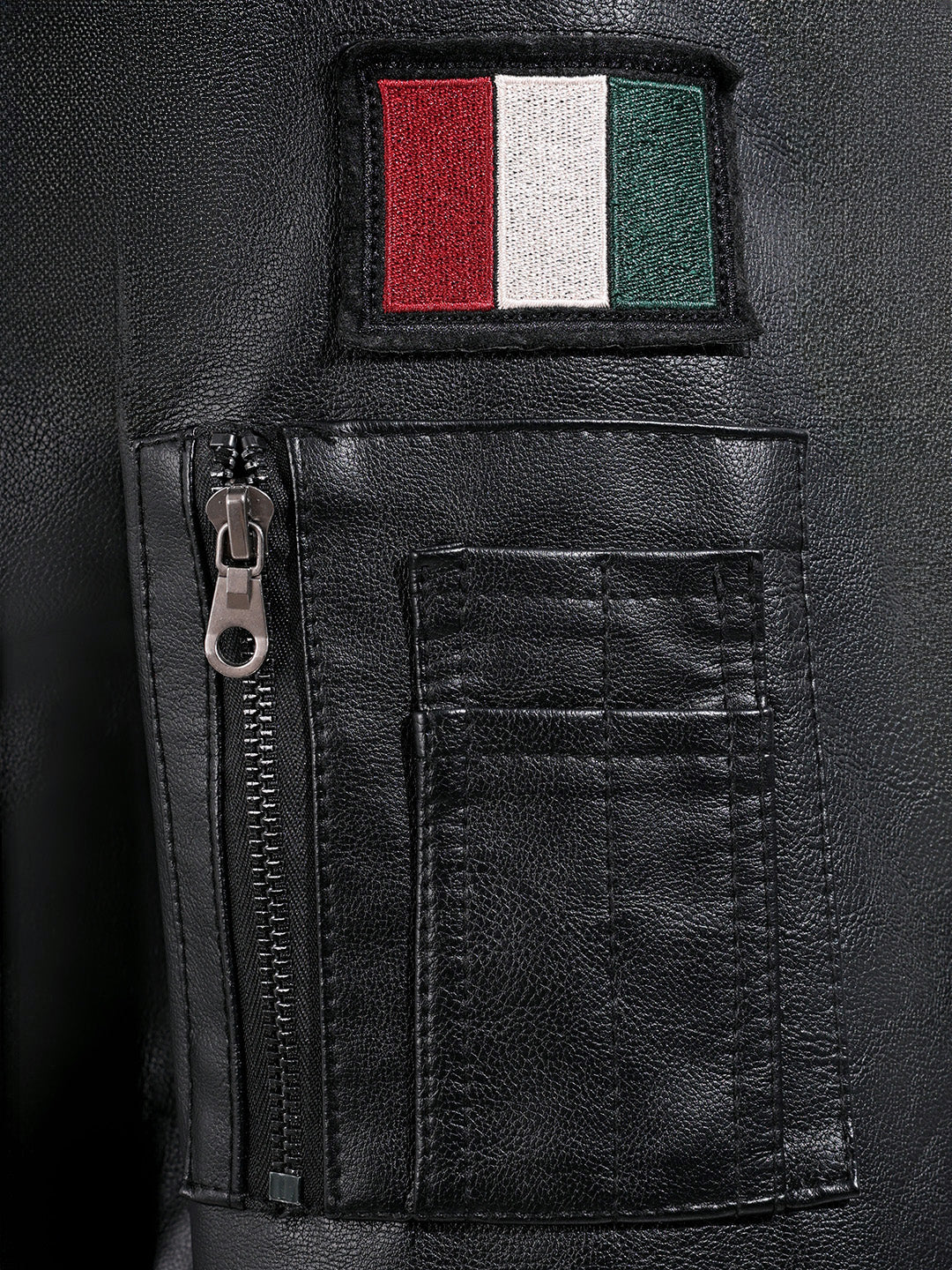 Men's Black Regular Fit Embroided Casual Bomber Jacket - Image 5