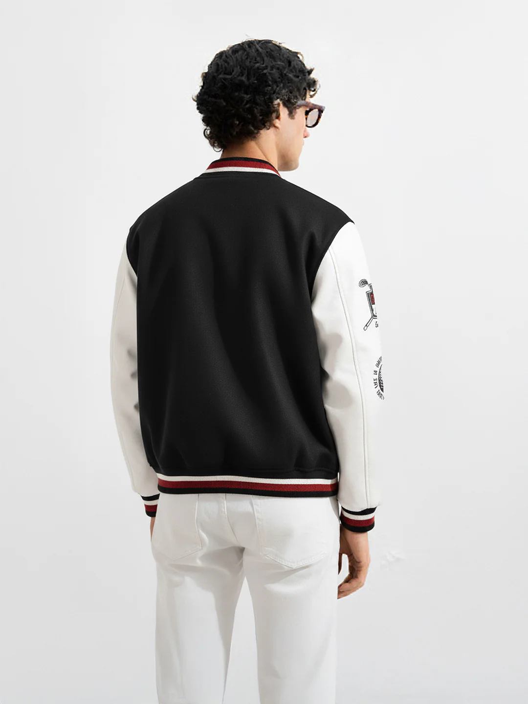 Men's Black Regular Fit Embroided Casual Bomber Jacket - Image 2