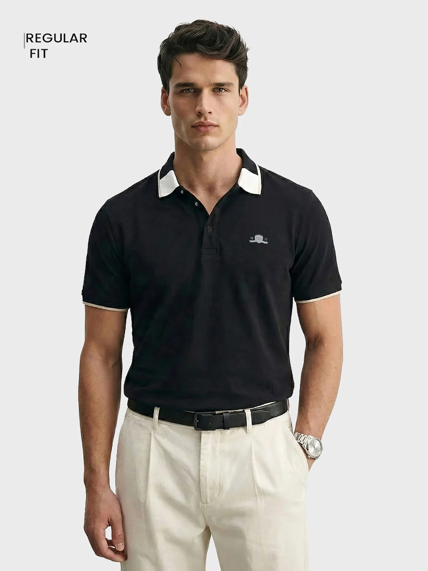 Men's Black Regular Fit Embroidered Casual T-Shirts - Image 2