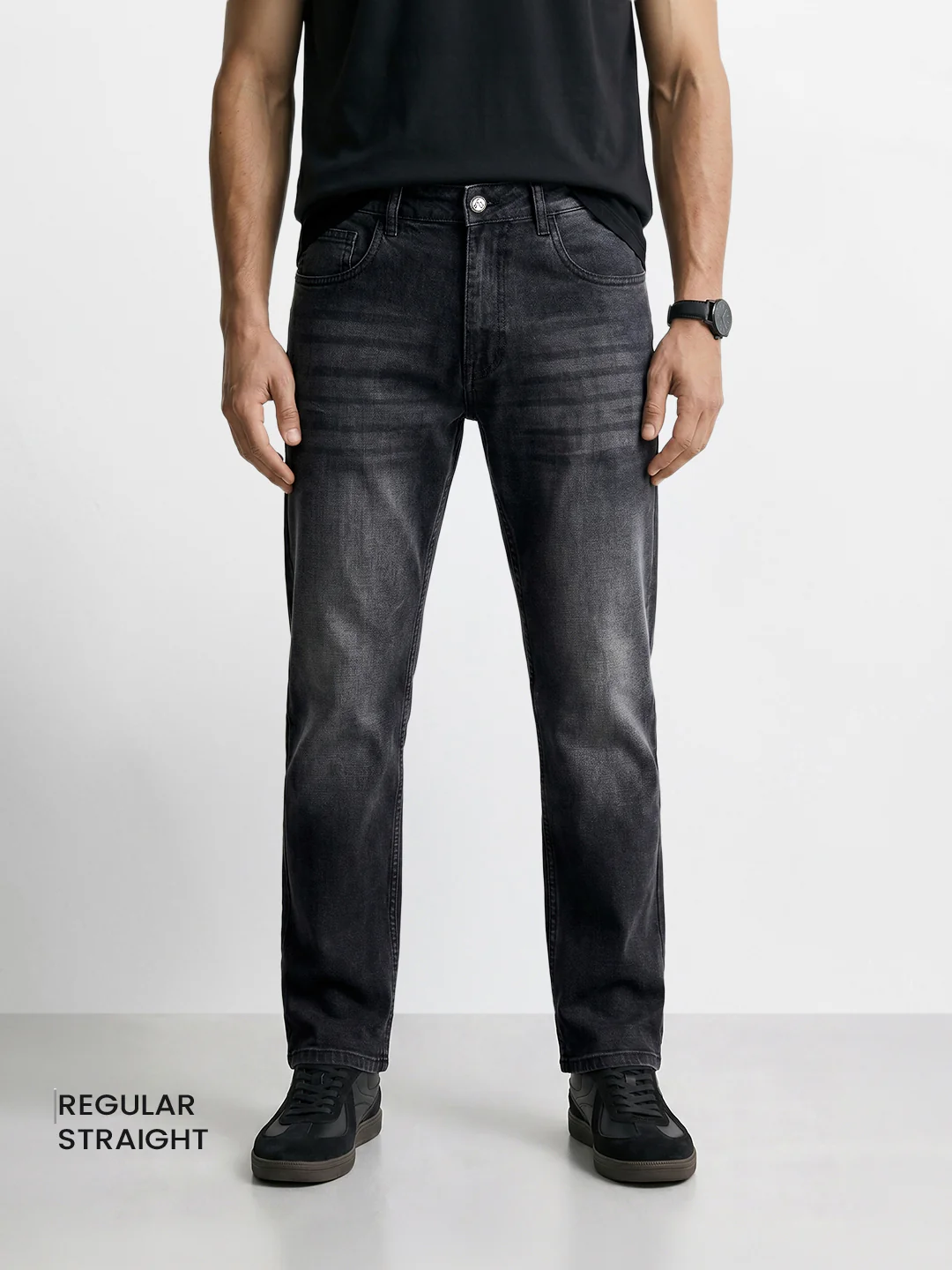 Men's Black Regular Fit Solid Casual Jeans - Image 2