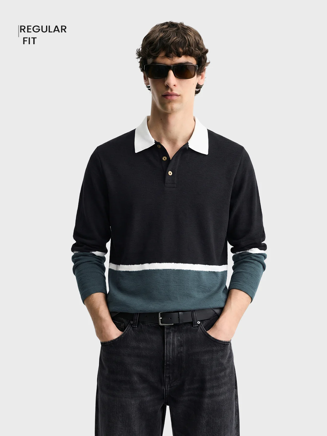 Men's Black Regular Fit Striped Casual T-Shirt - Image 2