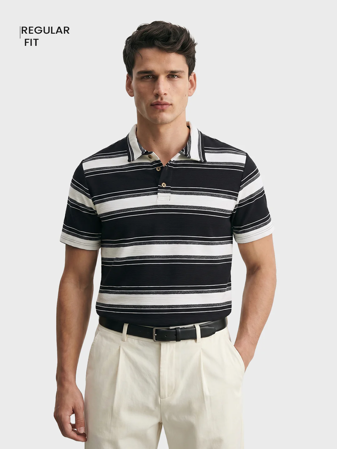 Men's Black Regular Fit Striped Casual T-Shirt - Image 2