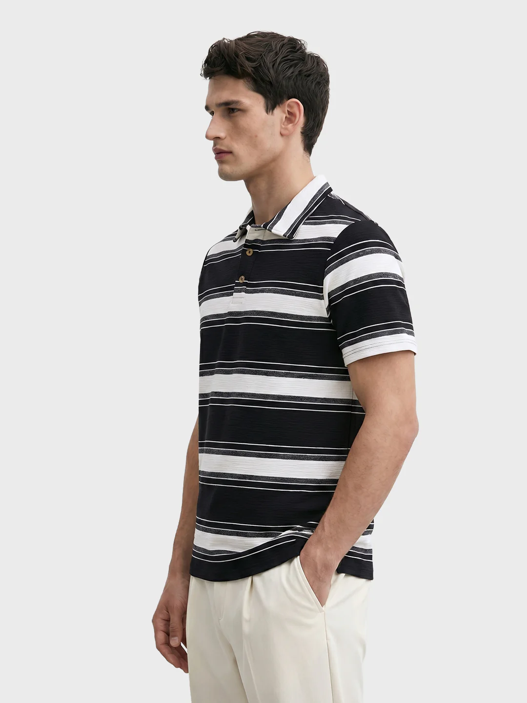 Men's Black Regular Fit Striped Casual T-Shirt - Image 3