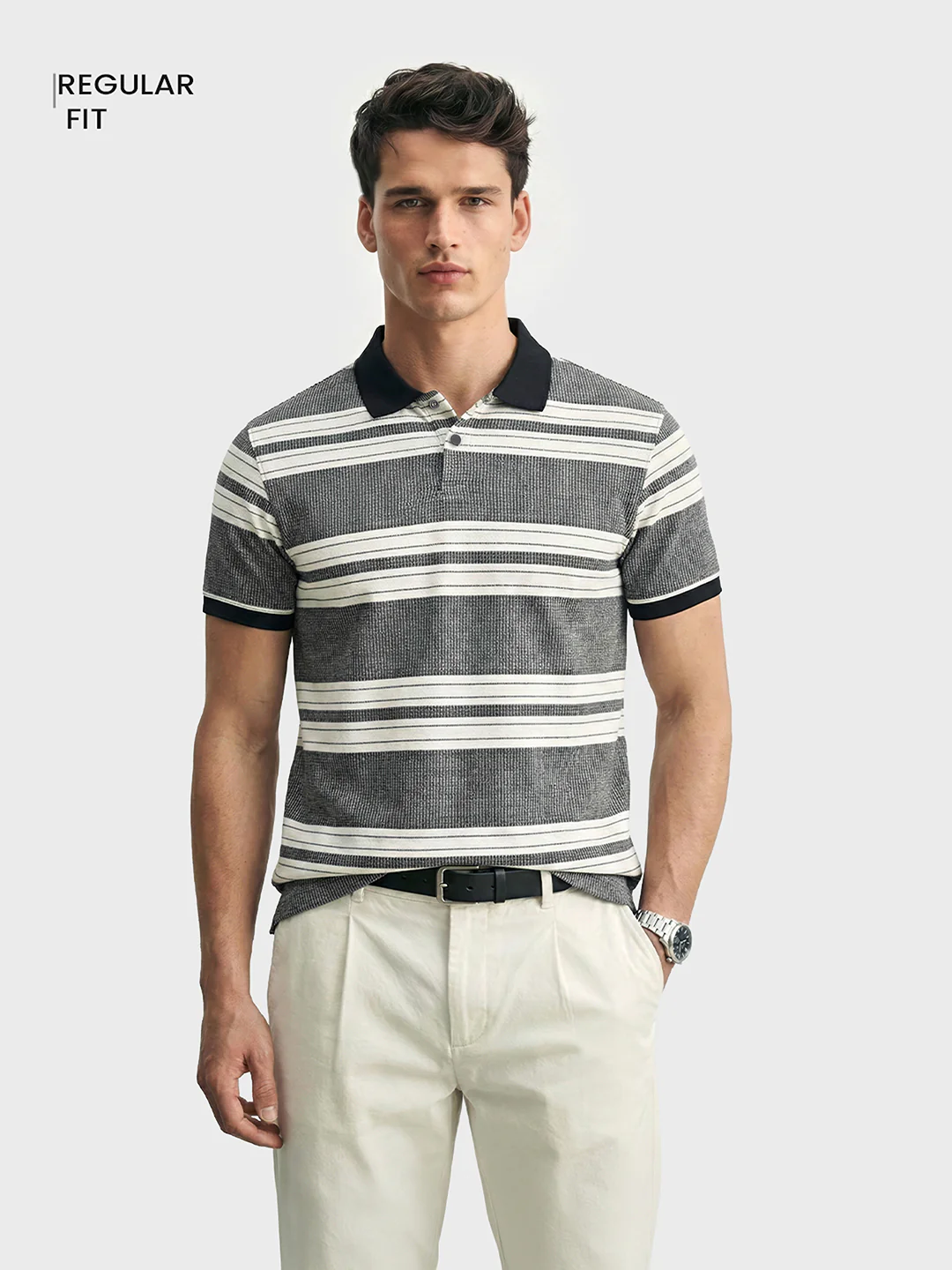 Men's Black Regular Fit Striped Casual T-Shirts - Image 2