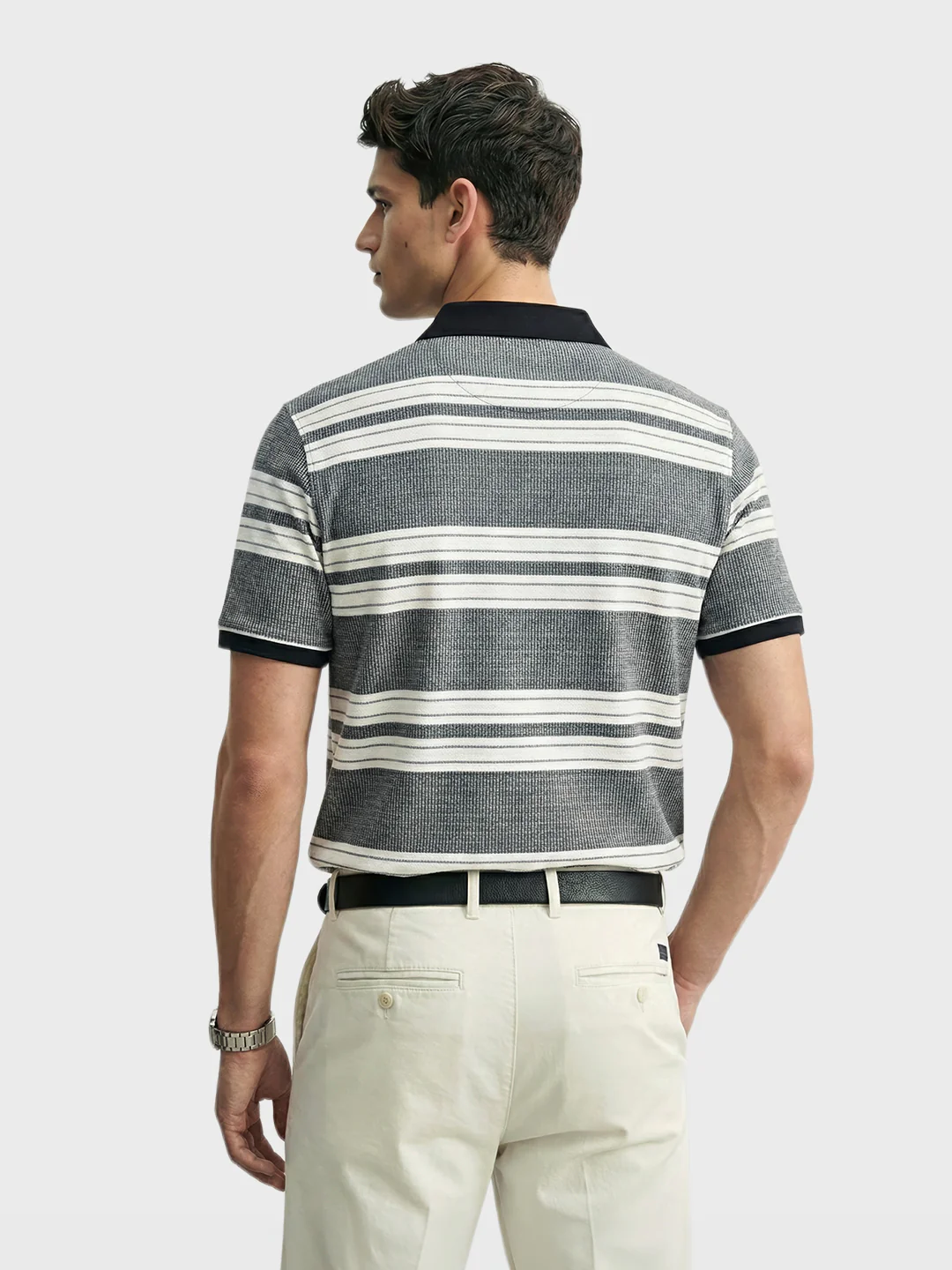 Men's Black Regular Fit Striped Casual T-Shirts - Image 4
