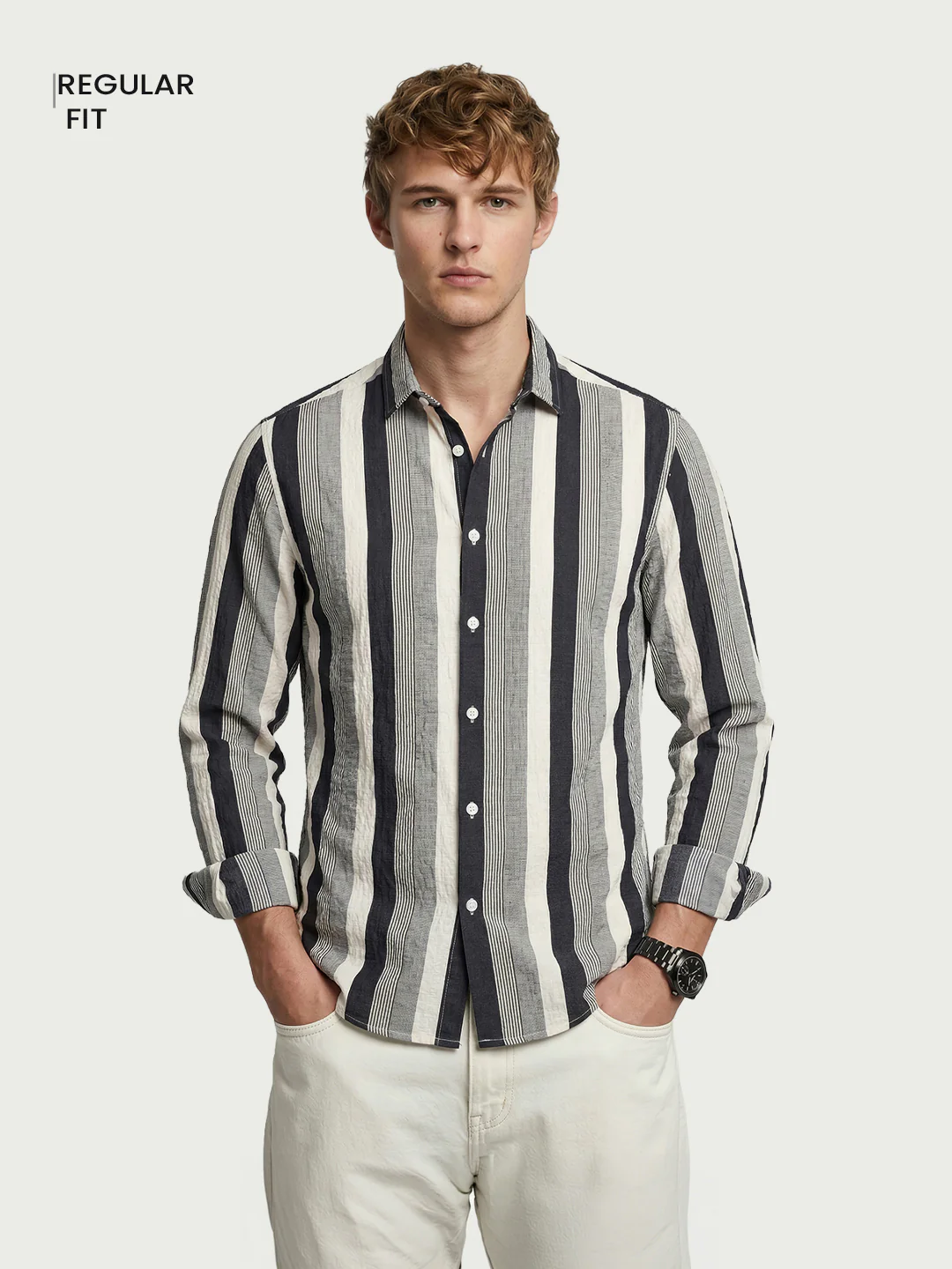 Men's Black Regular Fit Vertical Stripes Casual Shirt - Image 2