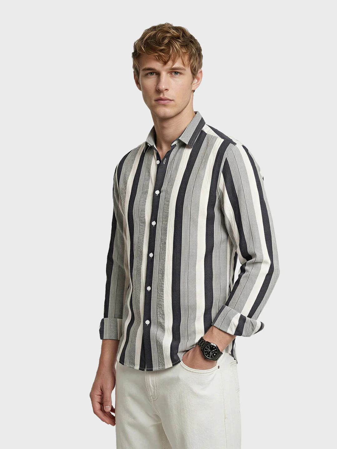 Men's Black Regular Fit Vertical Stripes Casual Shirt - Image 4