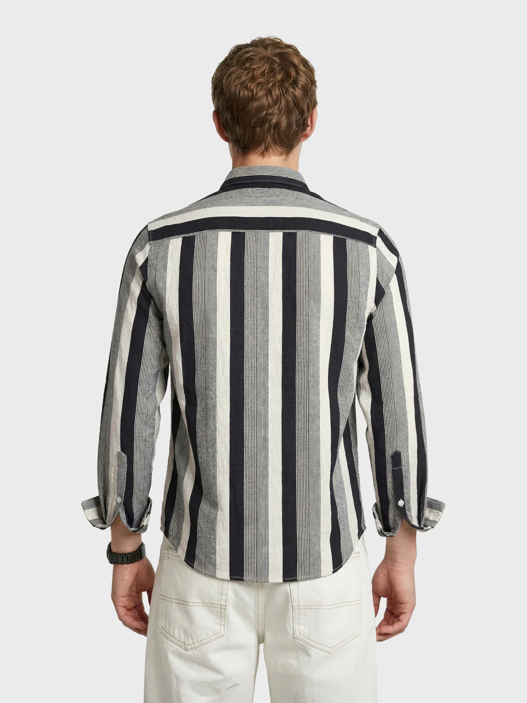 Men's Black Regular Fit Vertical Stripes Casual Shirt - Image 5