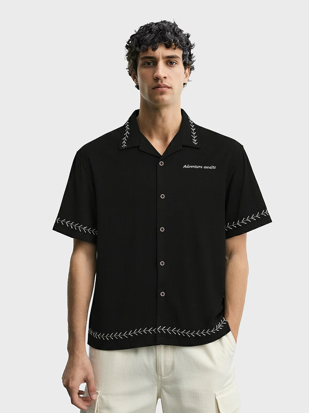 Men's Black Relaxed Fit Embroided Resort Wear Shirt - Image 2