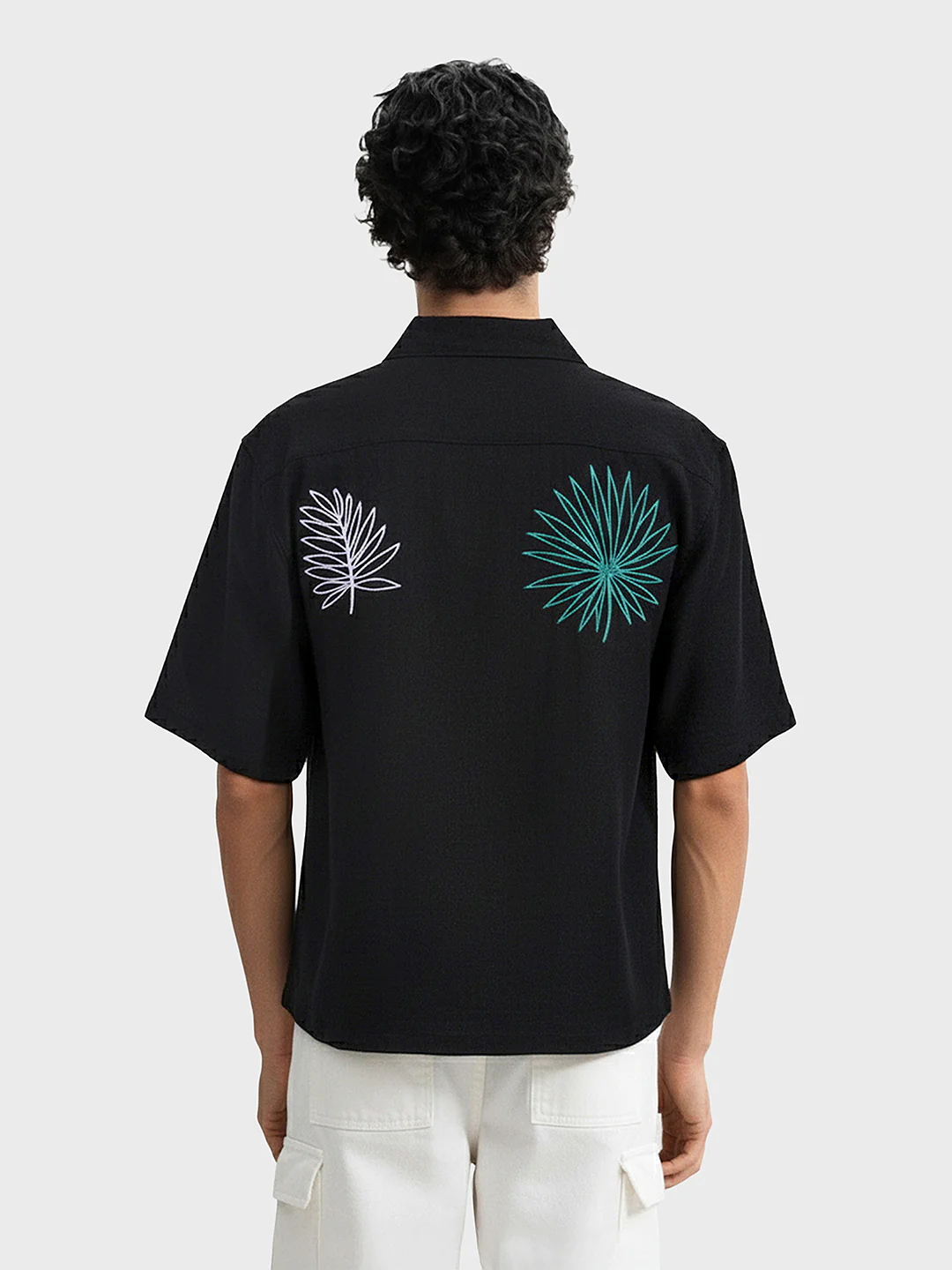 Men's Black Relaxed Fit Embroided Resort Wear Shirt - Image 2