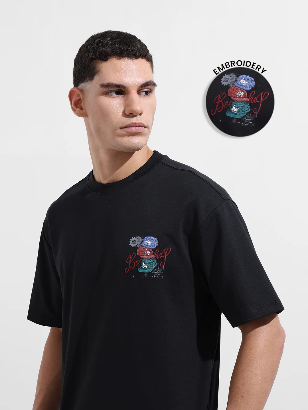 Men's Black Relaxed Fit Embroided 240 GSM Street Wear T-Shirt - Image 6