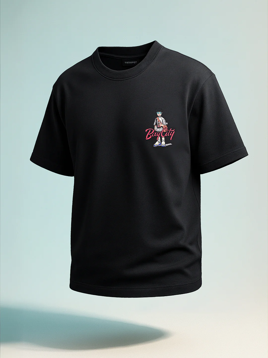 Men's Black Relaxed Fit Embroided 240 GSM Street Wear T-Shirt - Image 2