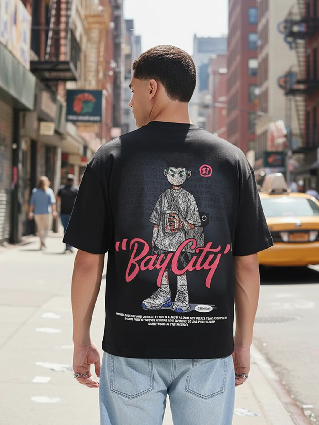 Men's Black Relaxed Fit Embroided 240 GSM Street Wear T-Shirt - Image 3