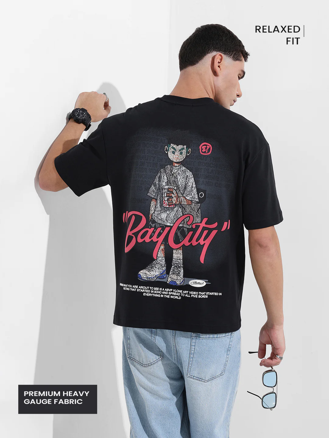 Men's Black Relaxed Fit Embroided 240 GSM Street Wear T-Shirt - Image 4