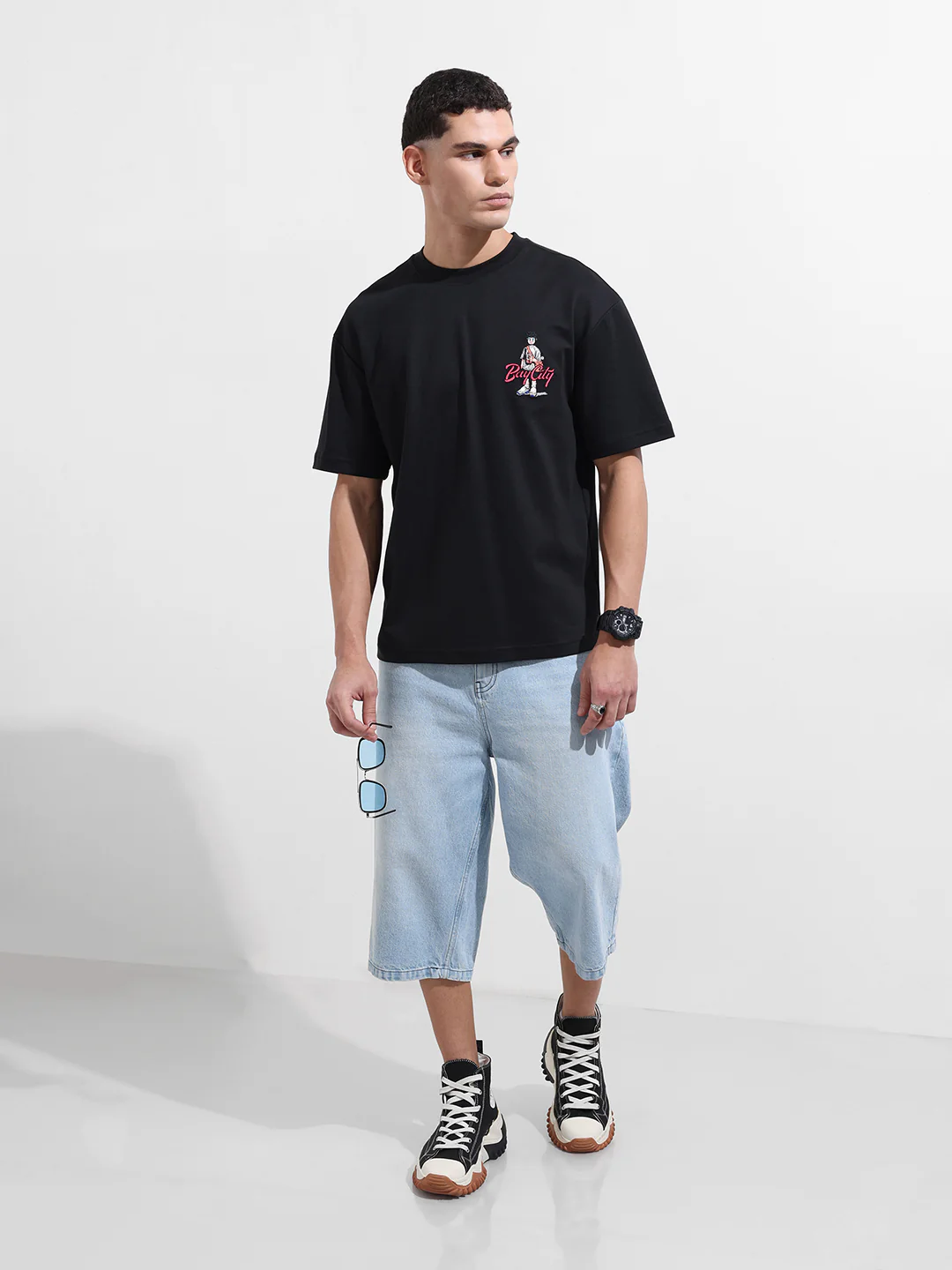 Men's Black Relaxed Fit Embroided 240 GSM Street Wear T-Shirt - Image 5
