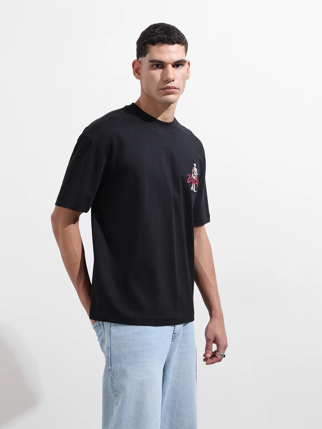 Men's Black Relaxed Fit Embroided 240 GSM Street Wear T-Shirt - Image 6