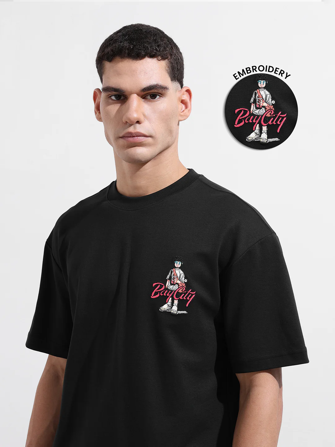 Men's Black Relaxed Fit Embroided 240 GSM Street Wear T-Shirt - Image 7