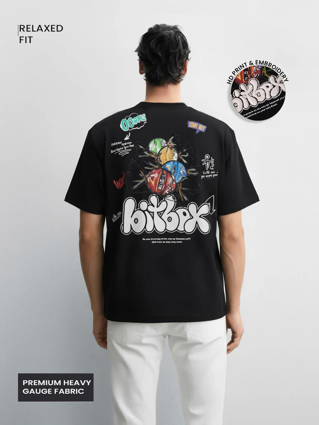 Men's Black Relaxed Fit Embroided 240 GSM Casual T-Shirt - Image 3