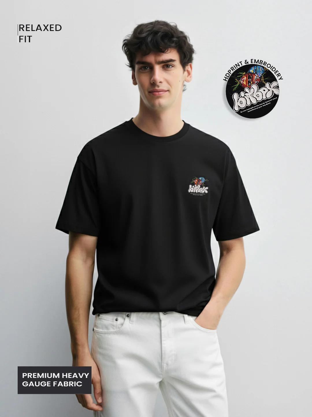 Men's Black Relaxed Fit Embroided 240 GSM Casual T-Shirt - Image 4
