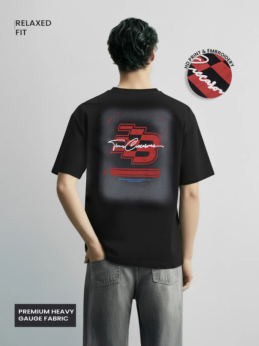 Men's Black Relaxed Fit Embroided 240 GSM Casual T-Shirt - Image 3