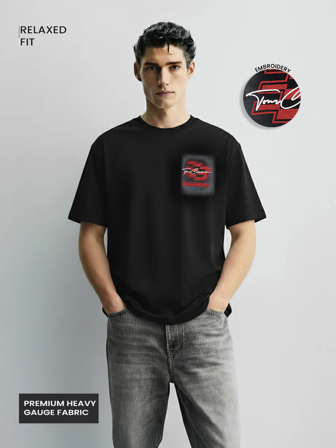 Men's Black Relaxed Fit Embroided 240 GSM Casual T-Shirt - Image 4