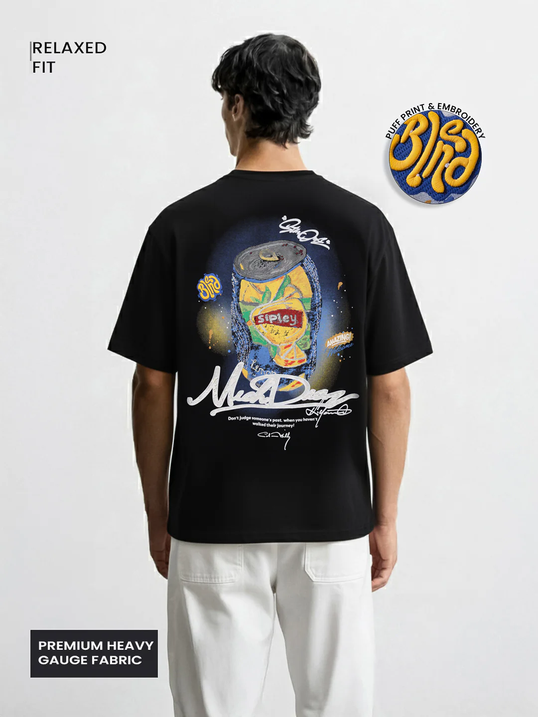 Men's Black Relaxed Fit Embroided 240 GSM Casual T-Shirt - Image 3