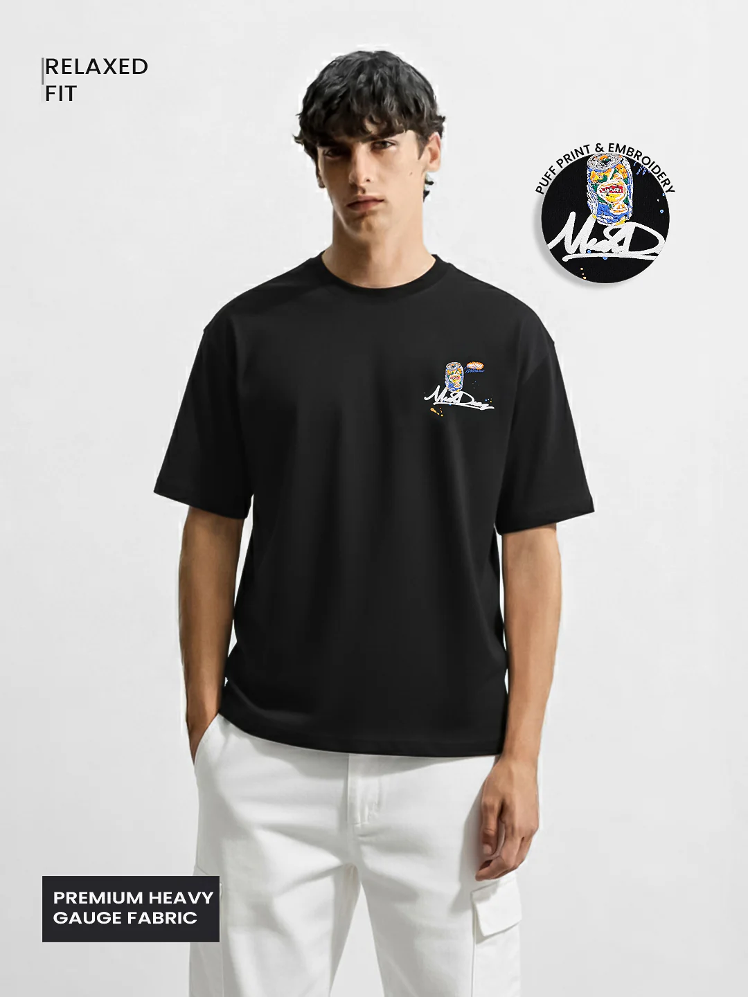 Men's Black Relaxed Fit Embroided 240 GSM Casual T-Shirt - Image 4