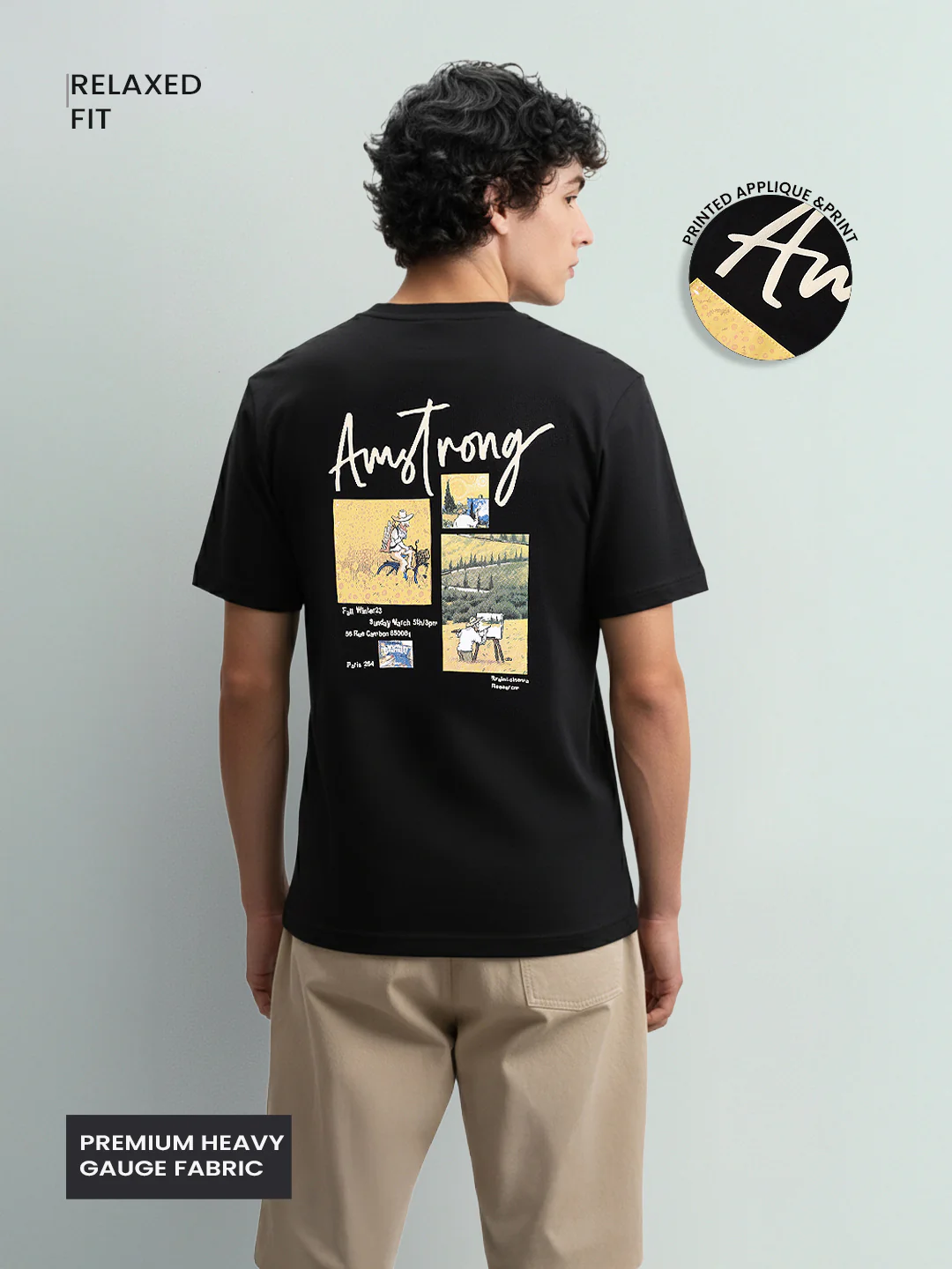 Men's Black Relaxed Fit Embroided 240 GSM Casual T-Shirt - Image 3