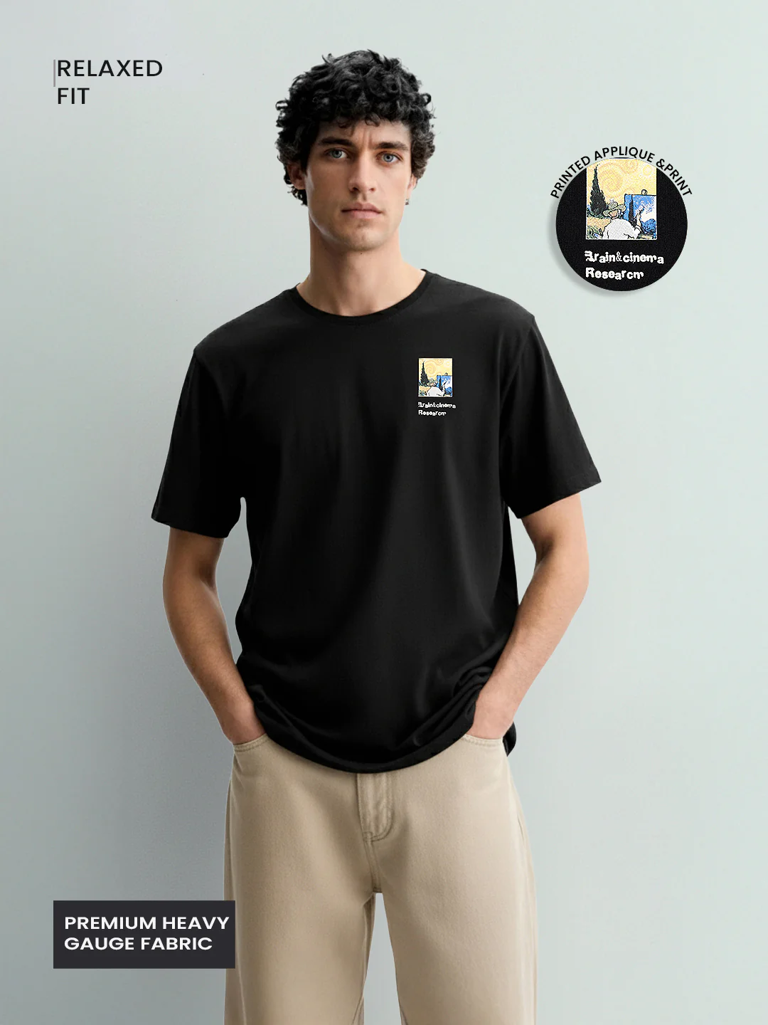 Men's Black Relaxed Fit Embroided 240 GSM Casual T-Shirt - Image 4