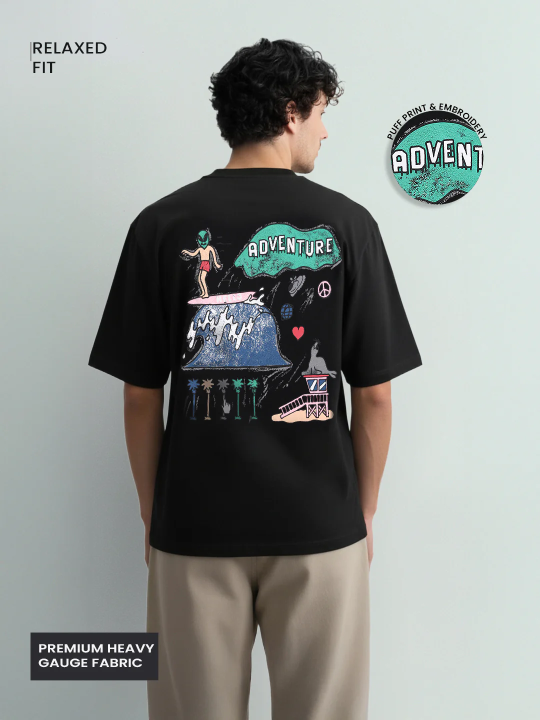 Men's Black Relaxed Fit Embroided 240 GSM Casual T-Shirt - Image 3