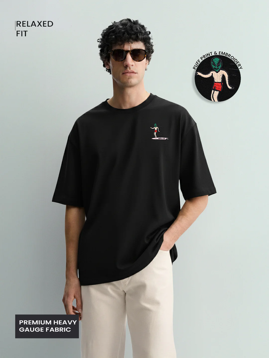 Men's Black Relaxed Fit Embroided 240 GSM Casual T-Shirt - Image 4