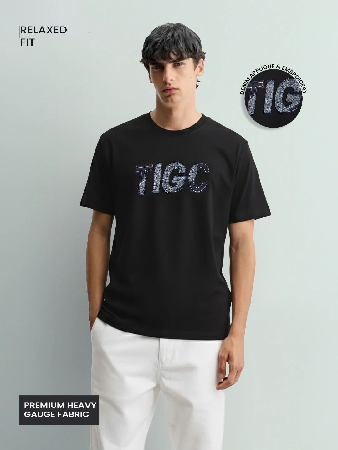 Men's Black Relaxed Fit Embroided 240 GSM Casual T-Shirt - Image 3